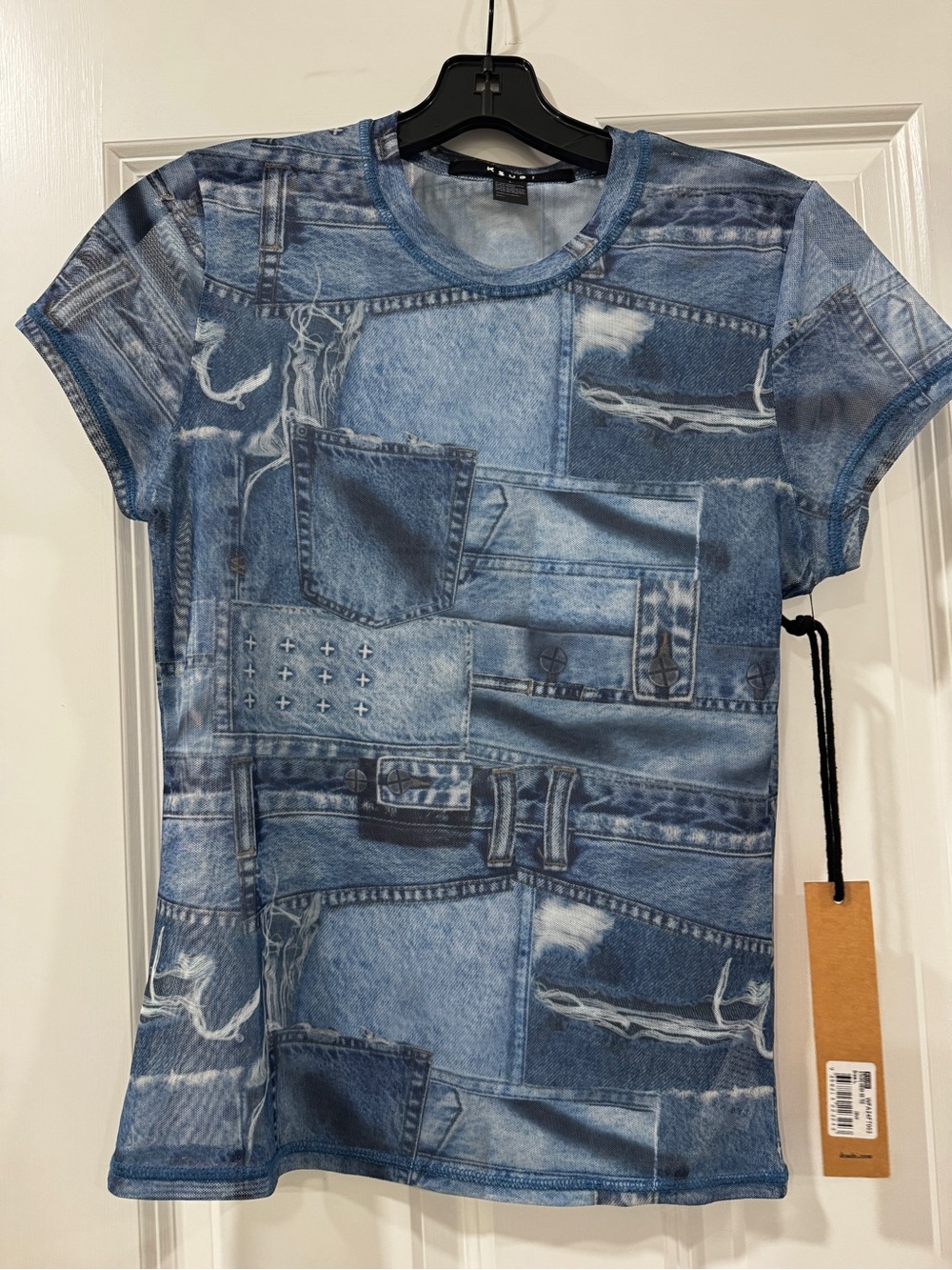 Ksubi Blue Denim Patchwork Graphic Short Sleeve Tee